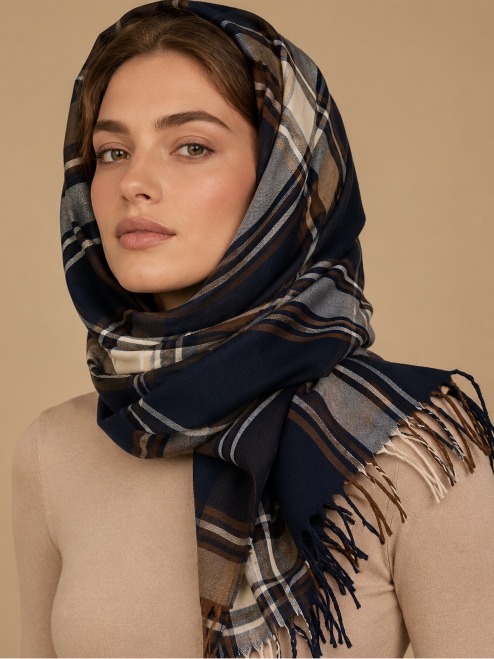 Aquascutum London Navy Plaid Scarf Shawl Wrap Fringe Made in Scotland Large